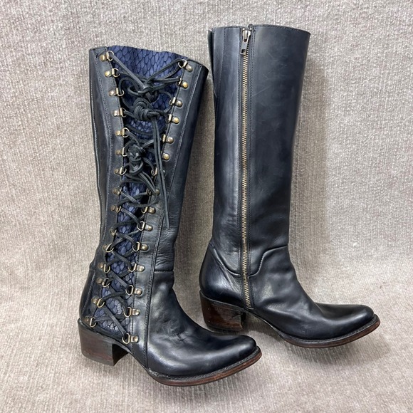 Freebird by Steven Wyatt Black Leather Tall Snake Texture Black Blue Boots 8  L - Picture 4 of 16